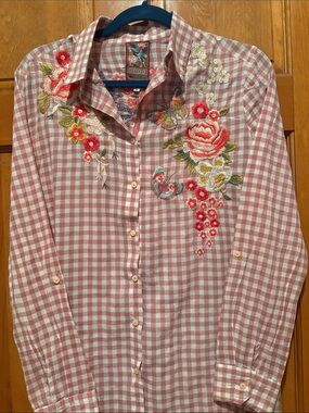 Johnny Was Pink and White Gingham Shirt with Embroidered Bird Patch